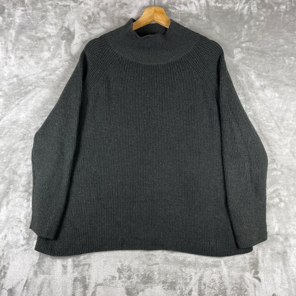 Eileen Fisher Sweater Womens XL Grey Extra Fine Merino Wool Mock Neck Ribbed F21